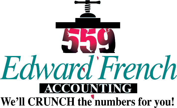 EdwardFrench-logo-2 Logo for Edward French Accounting, featuring the number 559 being pressed by a clamp, with "Edward French" in green and "ACCOUNTING" in white text on a black background.